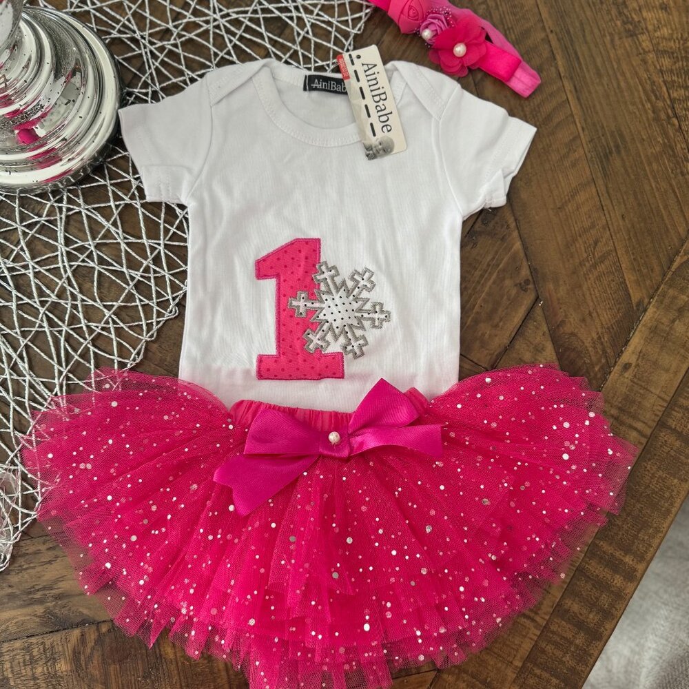 (C) Girls First Birthday Onesie, Tutu Skirt and Headband 3 pc Outfit